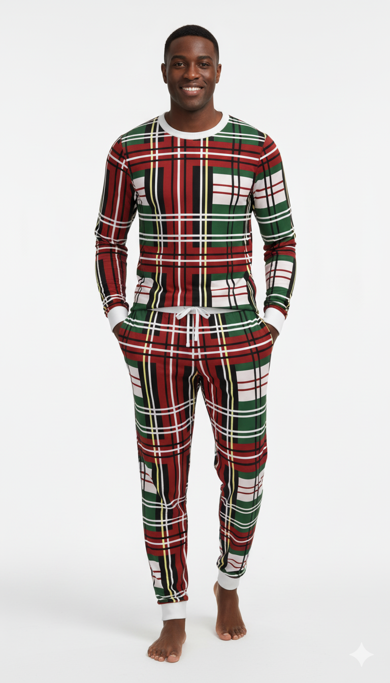 Christmas Plaid Long Sleeve Top and Jogger Pant SET (Men)