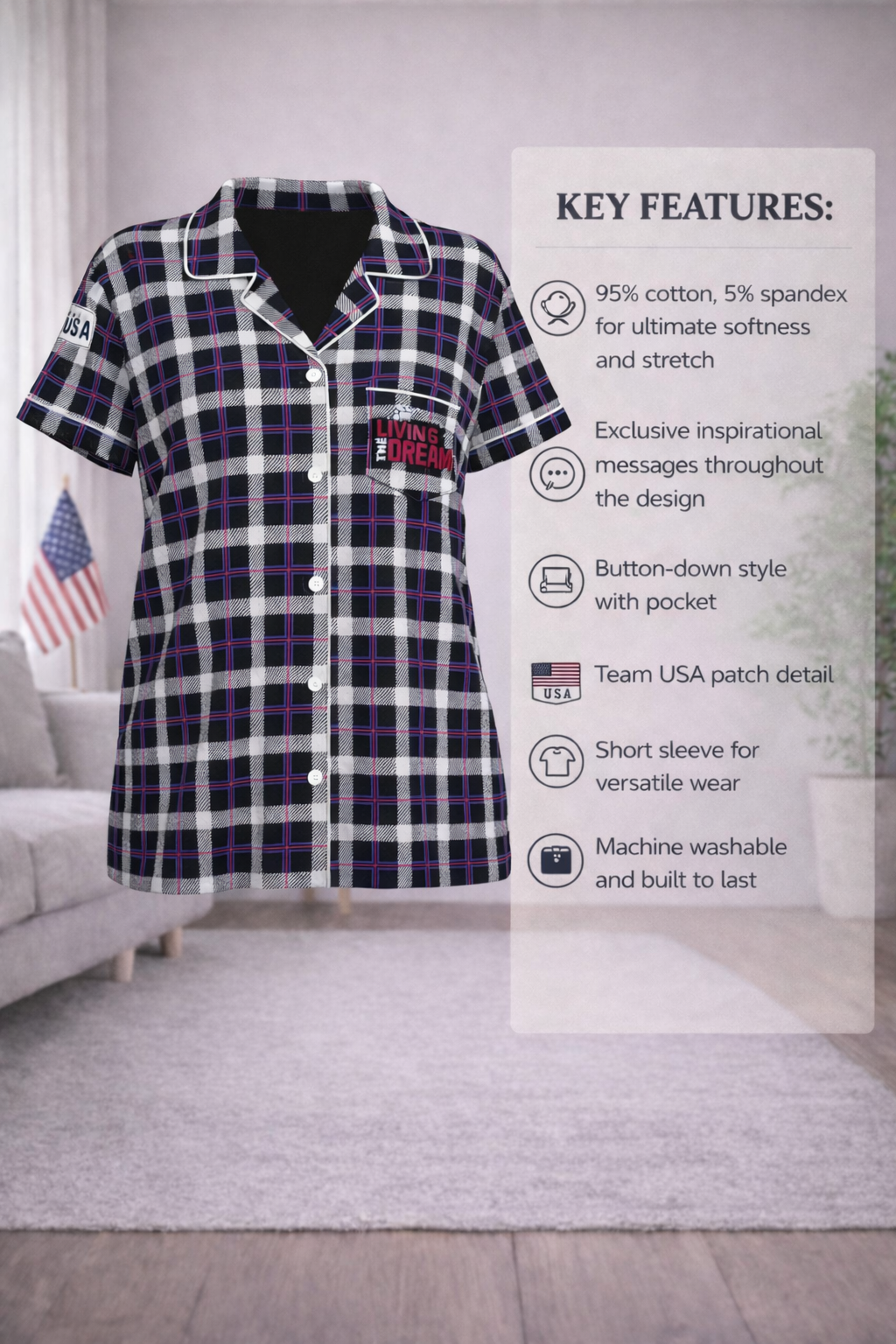 Team USA Plaid Short Sleeve Button Down Top (Women's)