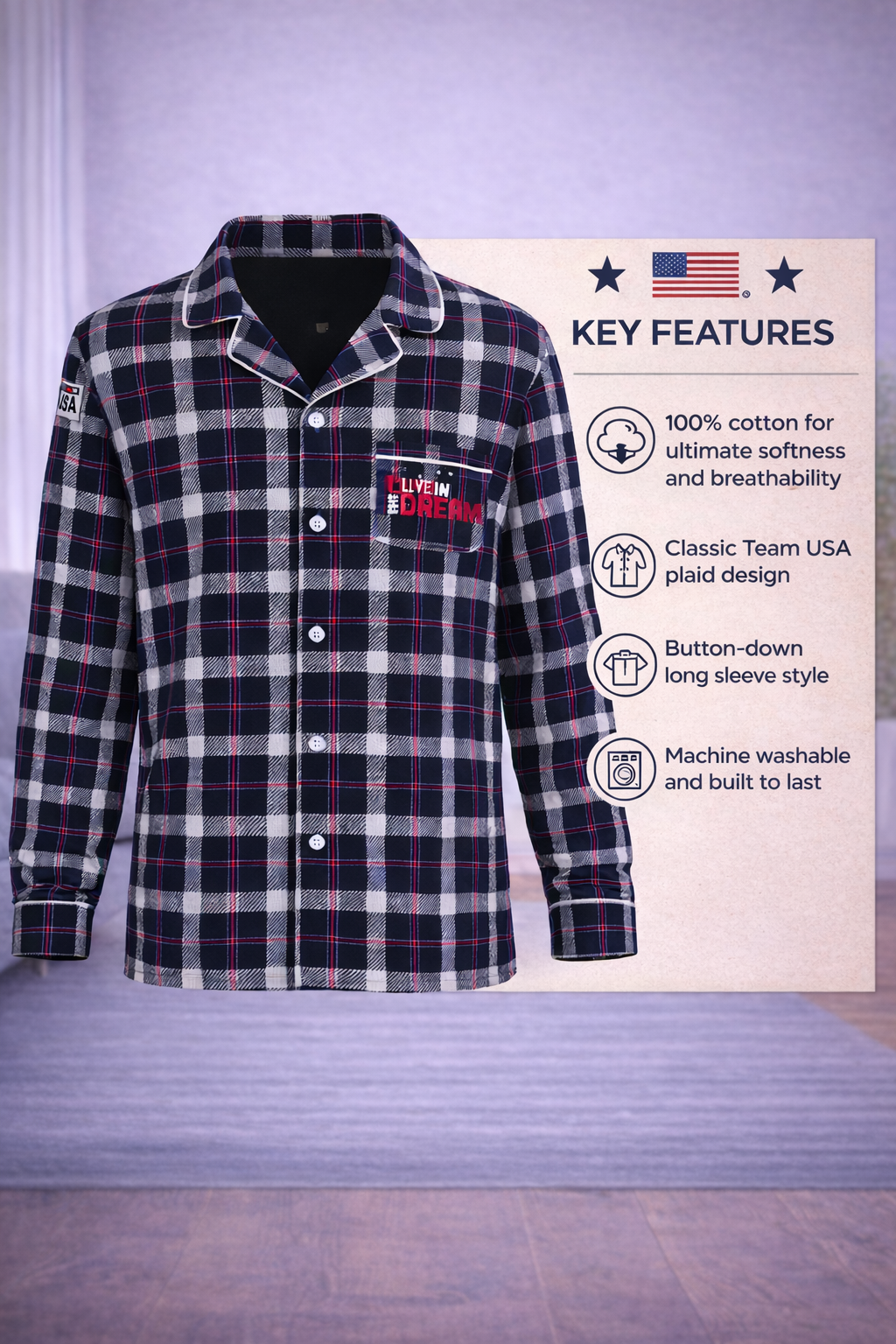 Team USA Plaid Button Down Long Sleeve Tops (Men's)